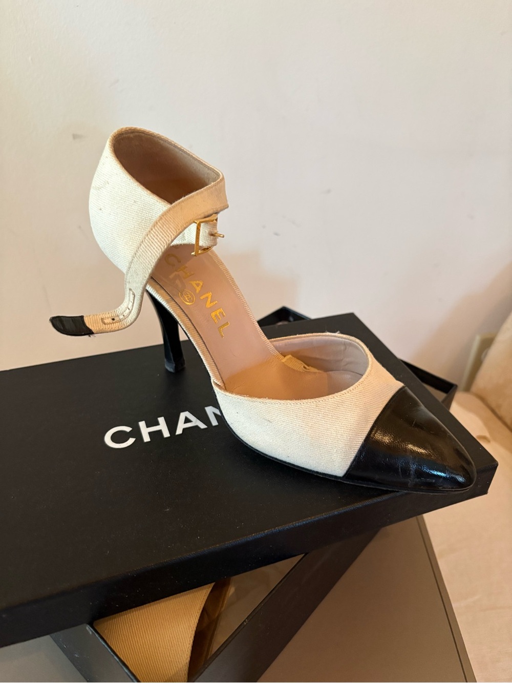 CHANEL Two-Tone Pointed Toe Ankle-Strap Pump in Beige and Black